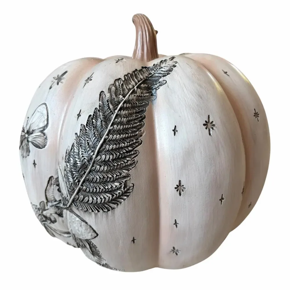 Pink Celestial Etched Halloween Pumpkin 10in Fall Butterfly Fern Forest NEW